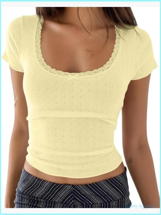 Tops - Slim Fit Pointelle Lace Crop Top Scoop Neck Short Sleeve Tee